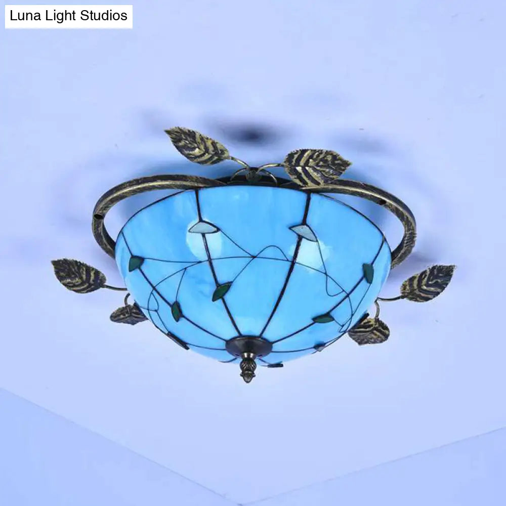 Retro Style Stained Glass Ceiling Light Fixture - Bowl-Shaped 3 Bulbs Flushmount