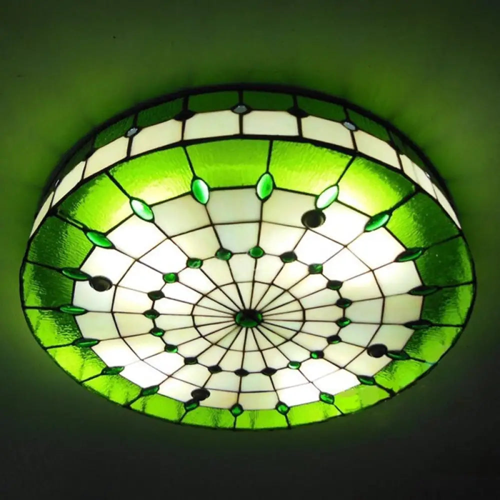 Retro Style Stained Glass Ceiling Light Fixture - Green Round Flush Mount 3 Lights