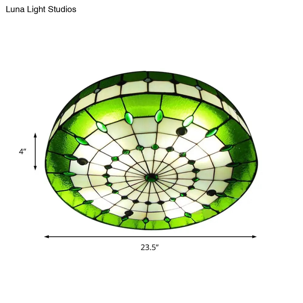 Retro Style Stained Glass Ceiling Light Fixture - Green Round Flush Mount 3 Lights
