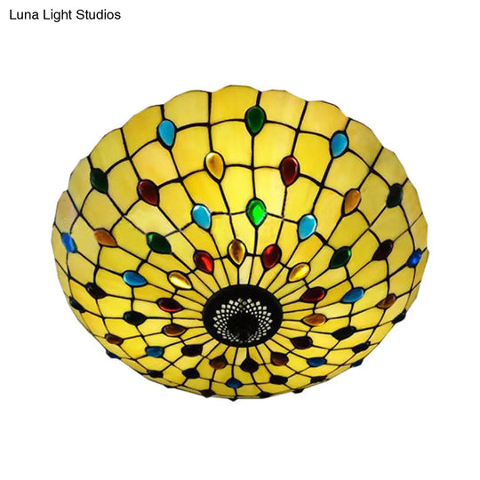 Retro Style Stained Glass Ceiling Light - Wide Bowl Design 12/16/19.5-Inch Flushmount