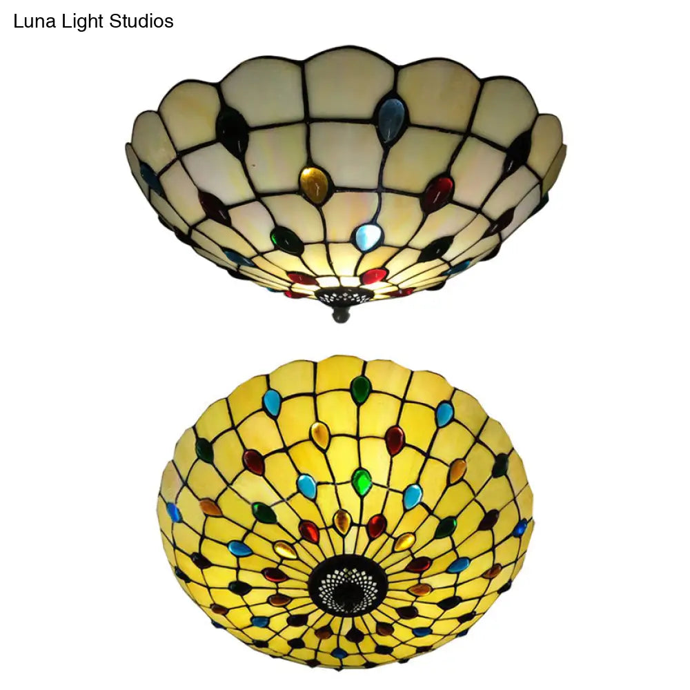 Retro Style Stained Glass Ceiling Light - Wide Bowl Design 12/16/19.5-Inch Flushmount
