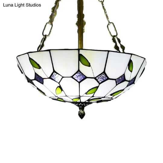 Retro Style Stained Glass Bowl Pendant Chandelier In Beige With Leaf Pattern - Ideal For Dining Room