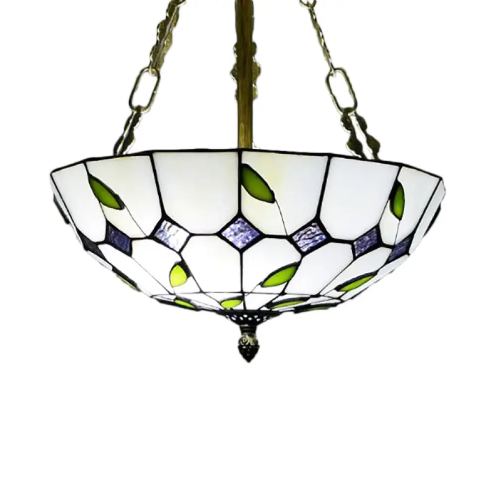 Retro Style Stained Glass Chandelier - 12’/16’/19.5’ W Bowl Shade Ceiling Pendant With Leaf