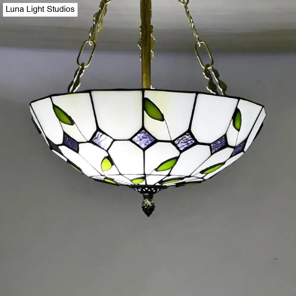 Retro Style Stained Glass Chandelier - 12’/16’/19.5’ W Bowl Shade Ceiling Pendant With Leaf