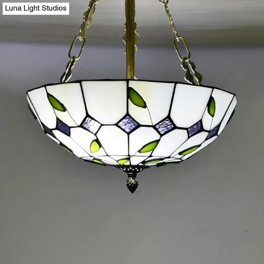 Retro Style Stained Glass Chandelier - 12’/16’/19.5’ W Bowl Shade Ceiling Pendant With Leaf