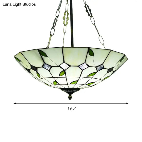 Retro Style Stained Glass Chandelier - 12’/16’/19.5’ W Bowl Shade Ceiling Pendant With Leaf