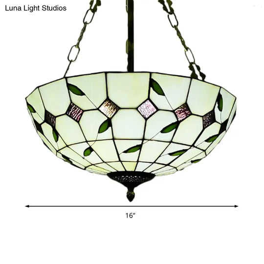 Retro Style Stained Glass Bowl Pendant Chandelier In Beige With Leaf Pattern - Ideal For Dining Room