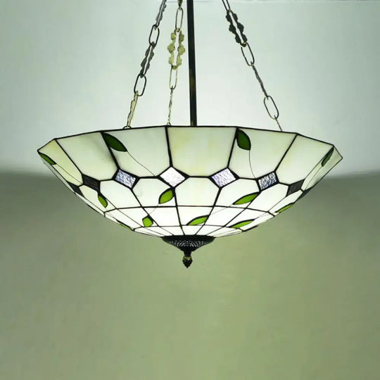 Retro Style Stained Glass Chandelier - 12’/16’/19.5’ W Bowl Shade Ceiling Pendant With Leaf