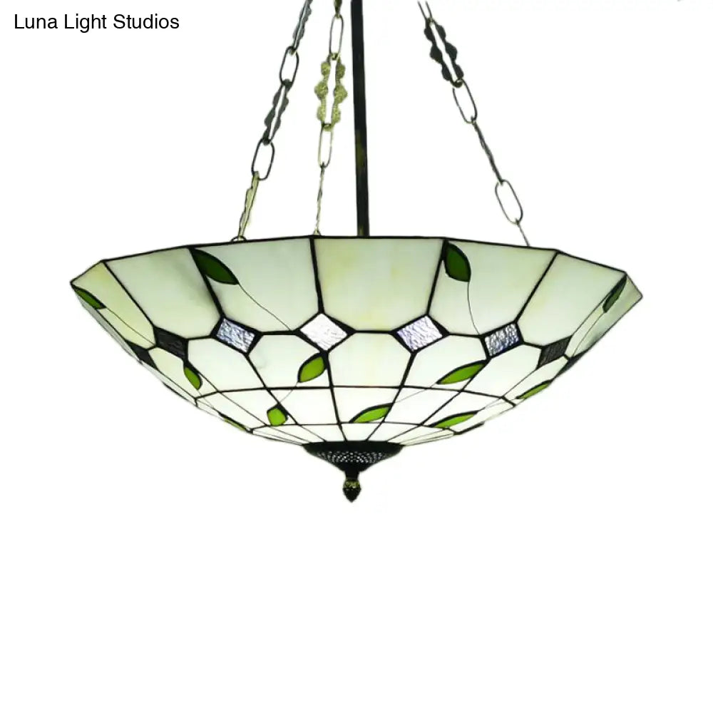 Retro Style Stained Glass Chandelier - 12’/16’/19.5’ W Bowl Shade Ceiling Pendant With Leaf