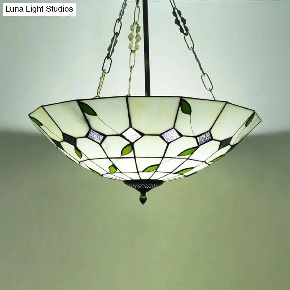 Retro Style Stained Glass Bowl Pendant Chandelier In Beige With Leaf Pattern - Ideal For Dining Room