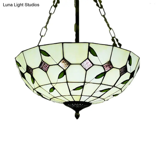 Retro Style Stained Glass Bowl Pendant Chandelier In Beige With Leaf Pattern - Ideal For Dining Room