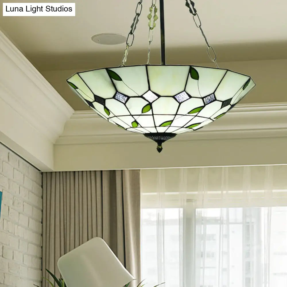 Retro Style Stained Glass Bowl Pendant Chandelier In Beige With Leaf Pattern - Ideal For Dining Room