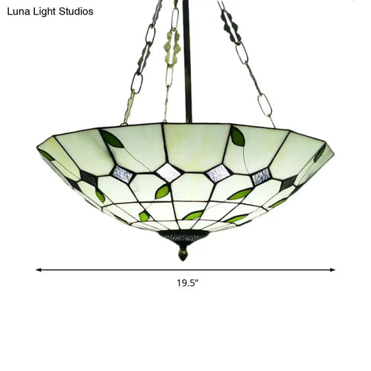 Retro Style Stained Glass Bowl Pendant Chandelier In Beige With Leaf Pattern - Ideal For Dining Room