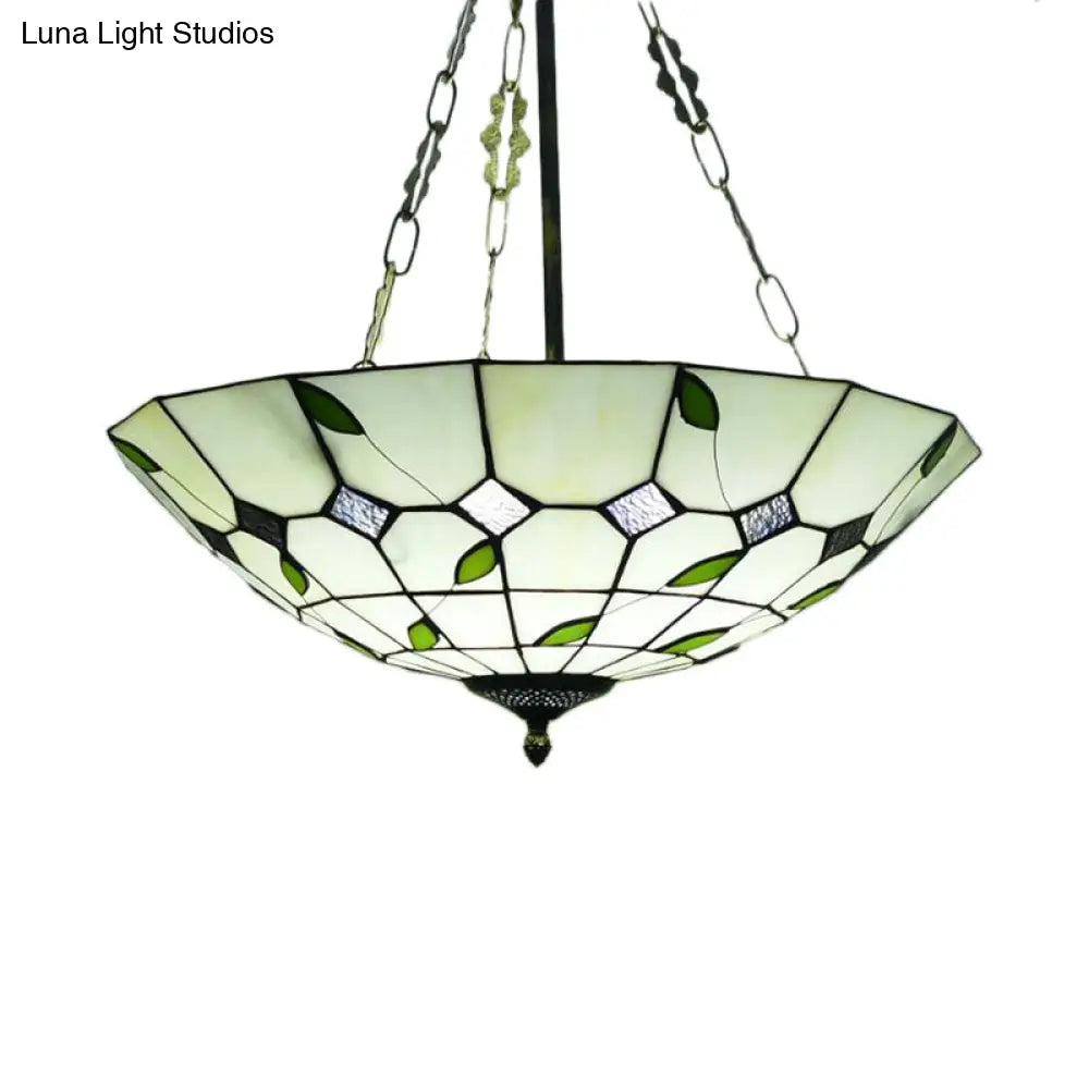 Retro Style Stained Glass Bowl Pendant Chandelier In Beige With Leaf Pattern - Ideal For Dining Room