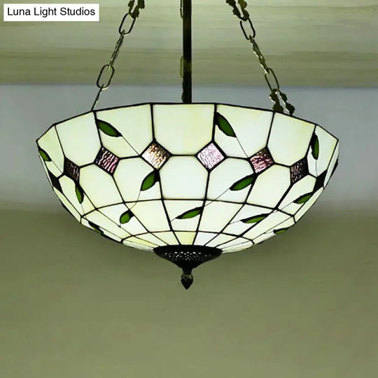 Retro Style Stained Glass Bowl Pendant Chandelier In Beige With Leaf Pattern - Ideal For Dining Room