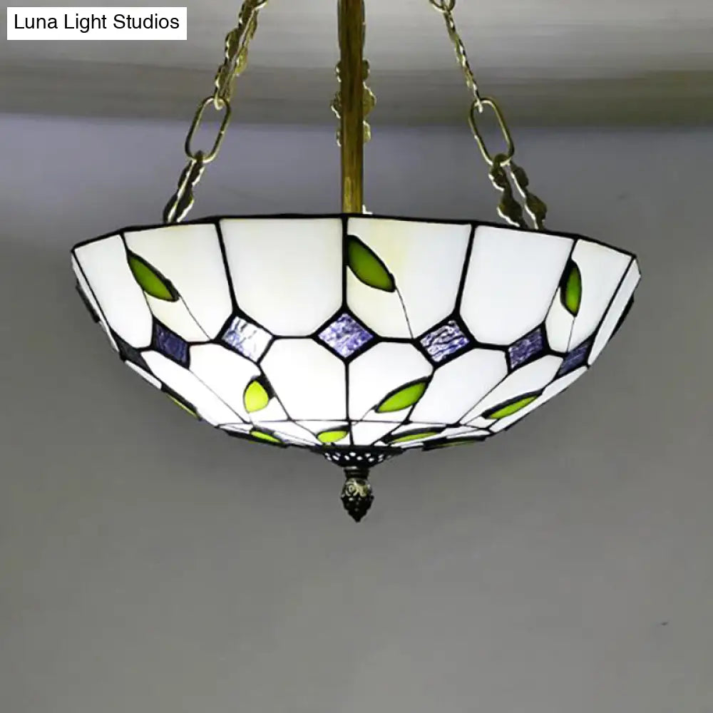 Retro Style Stained Glass Bowl Pendant Chandelier In Beige With Leaf Pattern - Ideal For Dining Room