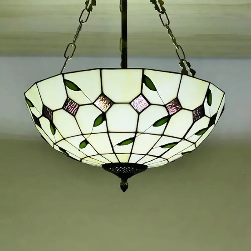 Retro Style Stained Glass Chandelier - 12’/16’/19.5’ W Bowl Shade Ceiling Pendant With Leaf