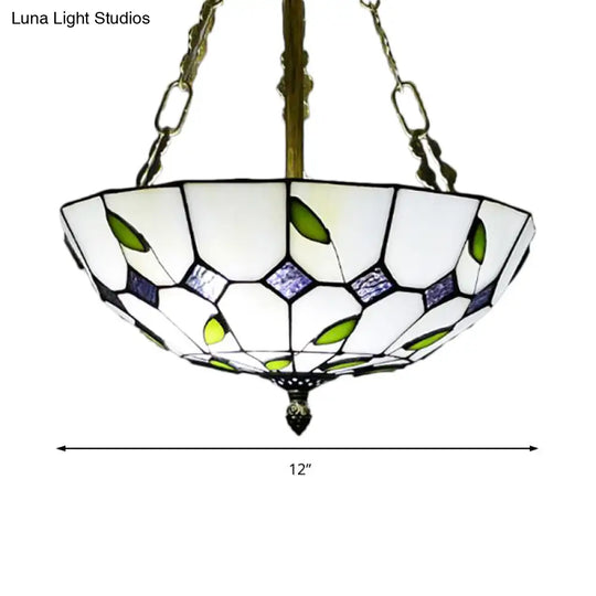 Retro Style Stained Glass Bowl Pendant Chandelier In Beige With Leaf Pattern - Ideal For Dining Room