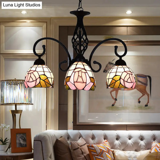 Stained Glass Floral Domed Chandelier - Retro Style 3 Lights Pink