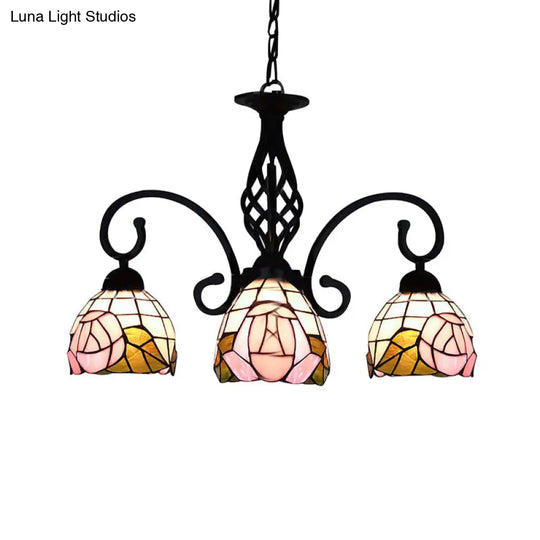 Stained Glass Floral Domed Chandelier - Retro Style 3 Lights Pink