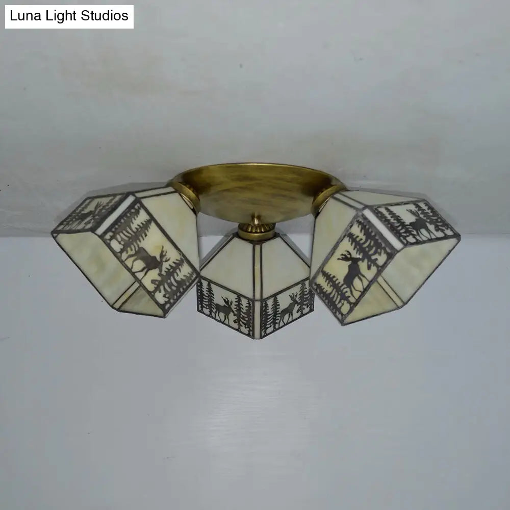 Retro Style Stained Glass Geometric Ceiling Light With Prismatic/Swallow-Tail/House/Dome/Bell Shape