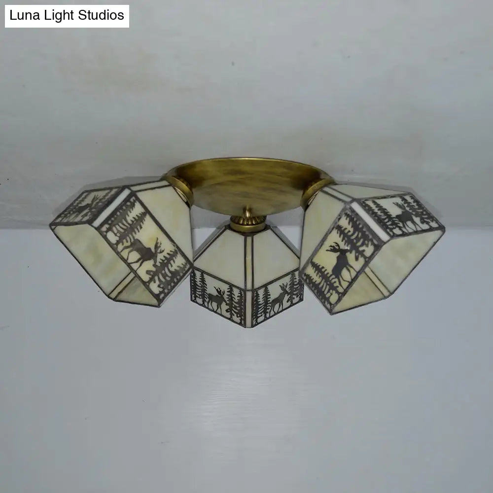Retro Style Stained Glass Geometric Ceiling Light With Prismatic/Swallow-Tail/House/Dome/Bell Shape