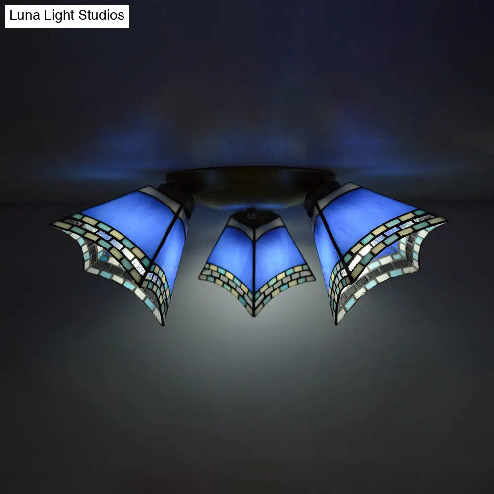 Retro Style Stained Glass Geometric Ceiling Light With Prismatic/Swallow-Tail/House/Dome/Bell Shape