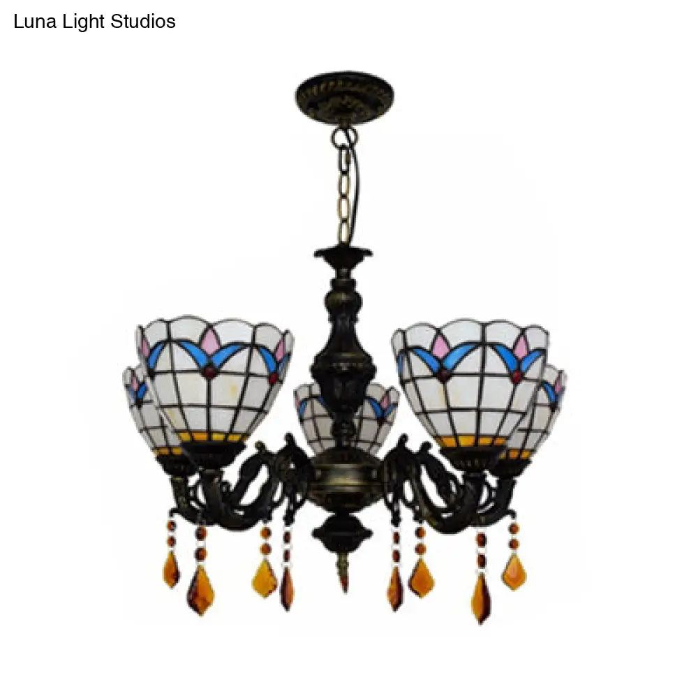 Retro-Style Stained Glass Inverted Chandelier: Domed Design 5 Lights Tulip Pattern