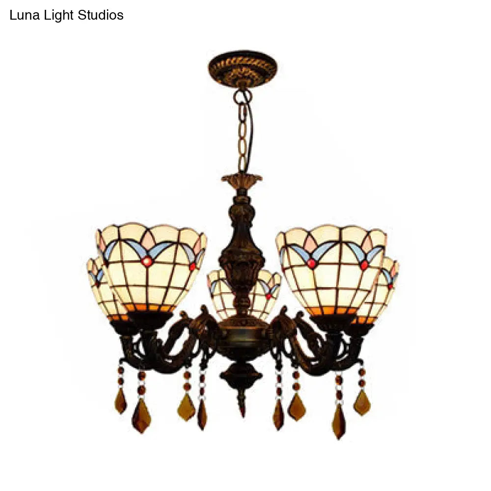 Retro-Style Stained Glass Inverted Chandelier: Domed Design 5 Lights Tulip Pattern