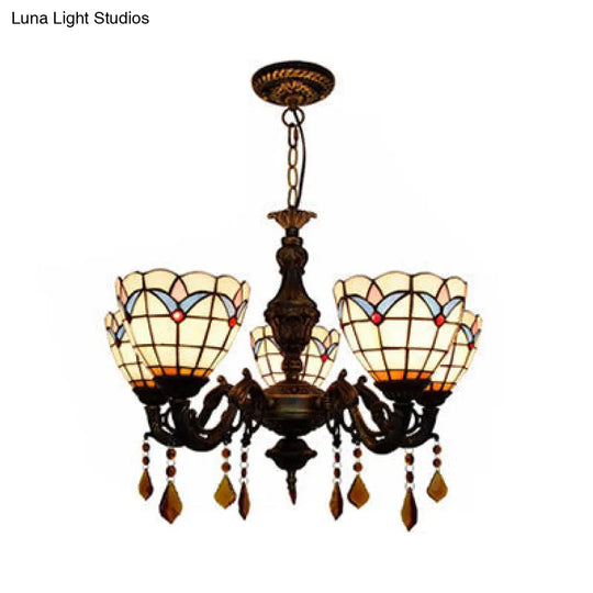 Retro-Style Stained Glass Chandelier With 5 Lights - Domed Inverted Pendant And Tulip Pattern