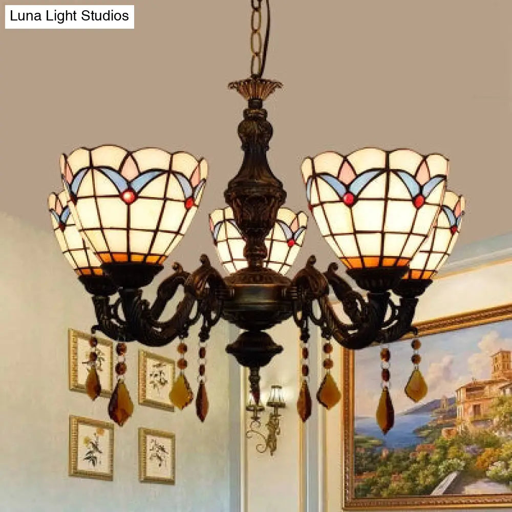 Retro-Style Stained Glass Chandelier With 5 Lights - Domed Inverted Pendant And Tulip Pattern White