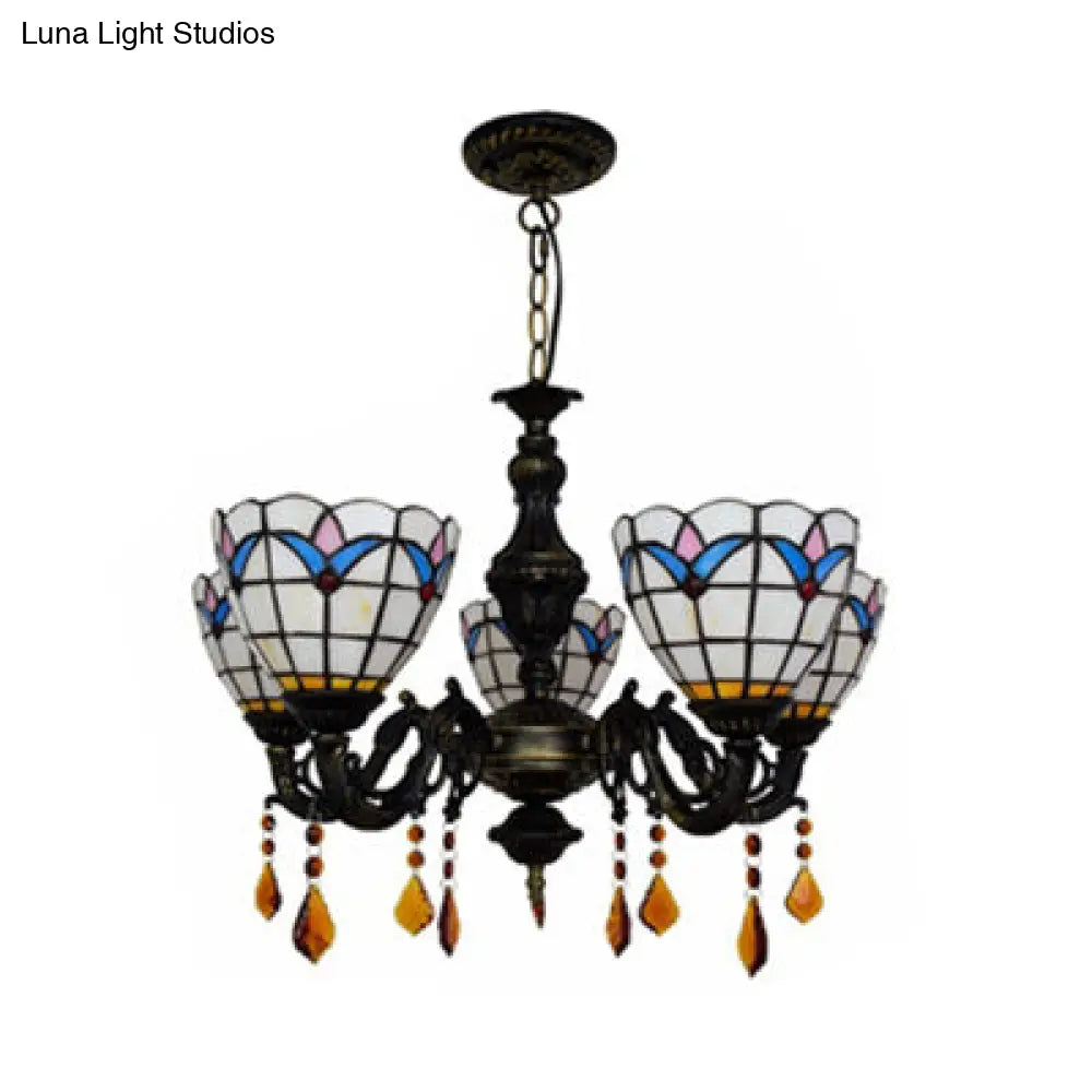 Retro-Style Stained Glass Chandelier With 5 Lights - Domed Inverted Pendant And Tulip Pattern