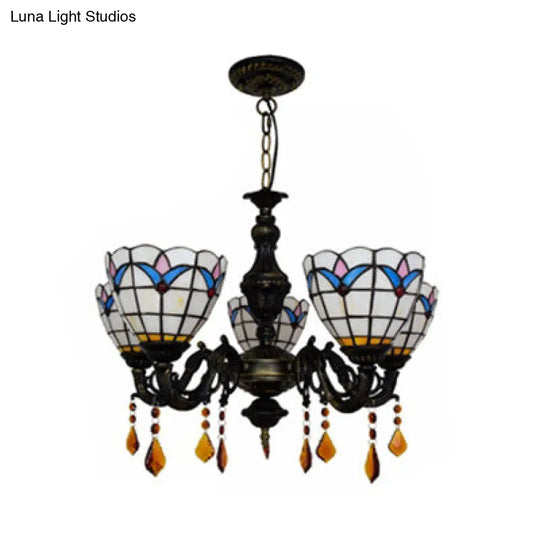 Retro-Style Stained Glass Chandelier With 5 Lights - Domed Inverted Pendant And Tulip Pattern