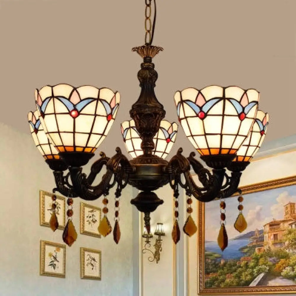 Retro-Style Stained Glass Inverted Chandelier: Domed Design 5 Lights Tulip Pattern White