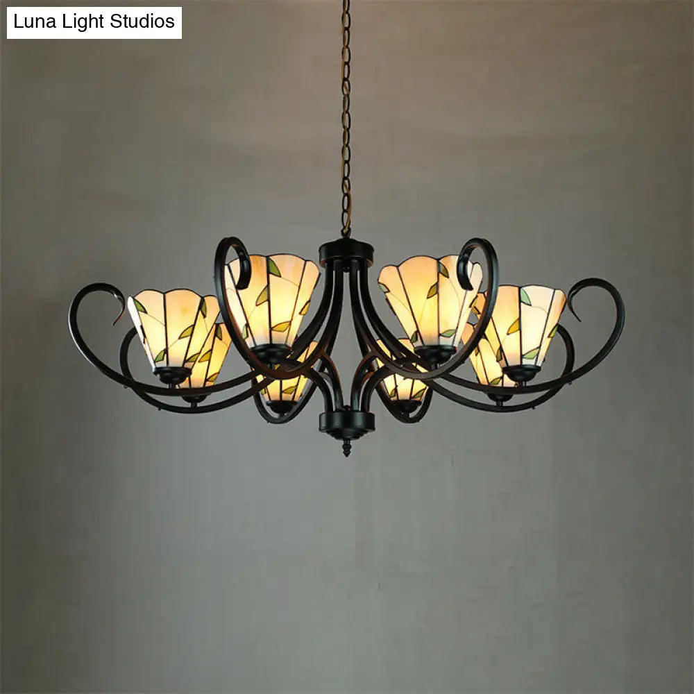 Retro-Style Beige Cone-Shaped Stained Glass Leaf Pattern Suspension Light: Bedroom Chandelier 8 /