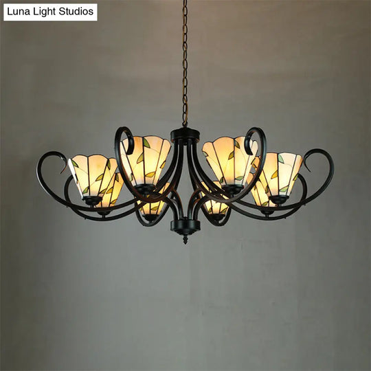 Retro-Style Beige Cone-Shaped Stained Glass Leaf Pattern Suspension Light: Bedroom Chandelier 8 /