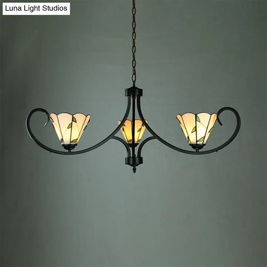 Retro-Style Beige Cone-Shaped Stained Glass Leaf Pattern Suspension Light: Bedroom Chandelier 3 /