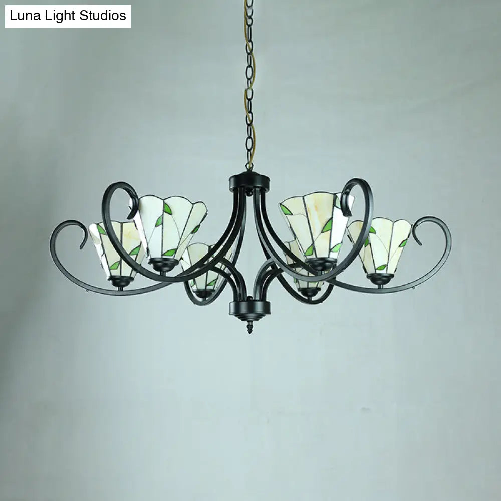 Retro Style Stained Glass Suspension Light With Leaf Pattern For Bedroom