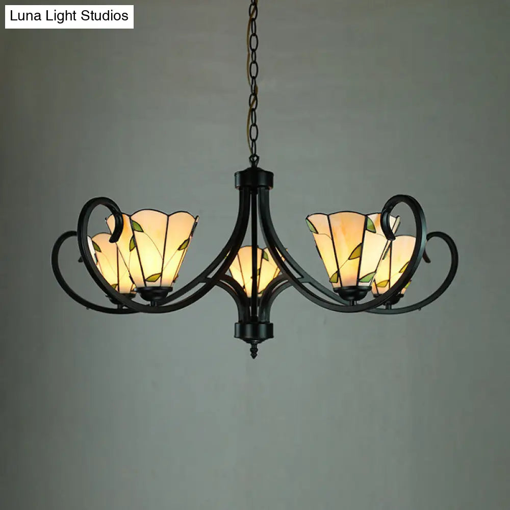 Retro-Style Beige Cone-Shaped Stained Glass Leaf Pattern Suspension Light: Bedroom Chandelier 5 /