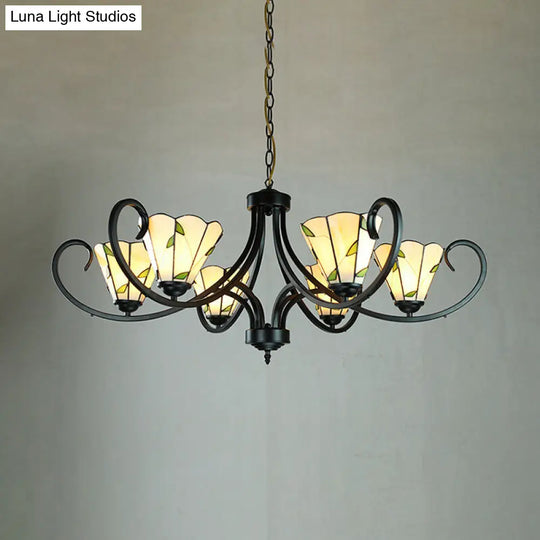 Retro-Style Beige Cone-Shaped Stained Glass Leaf Pattern Suspension Light: Bedroom Chandelier 6 /