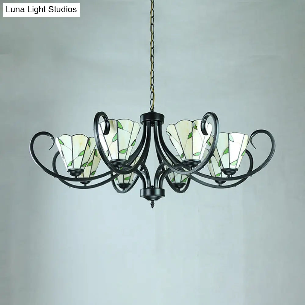 Retro Style Stained Glass Suspension Light With Leaf Pattern For Bedroom