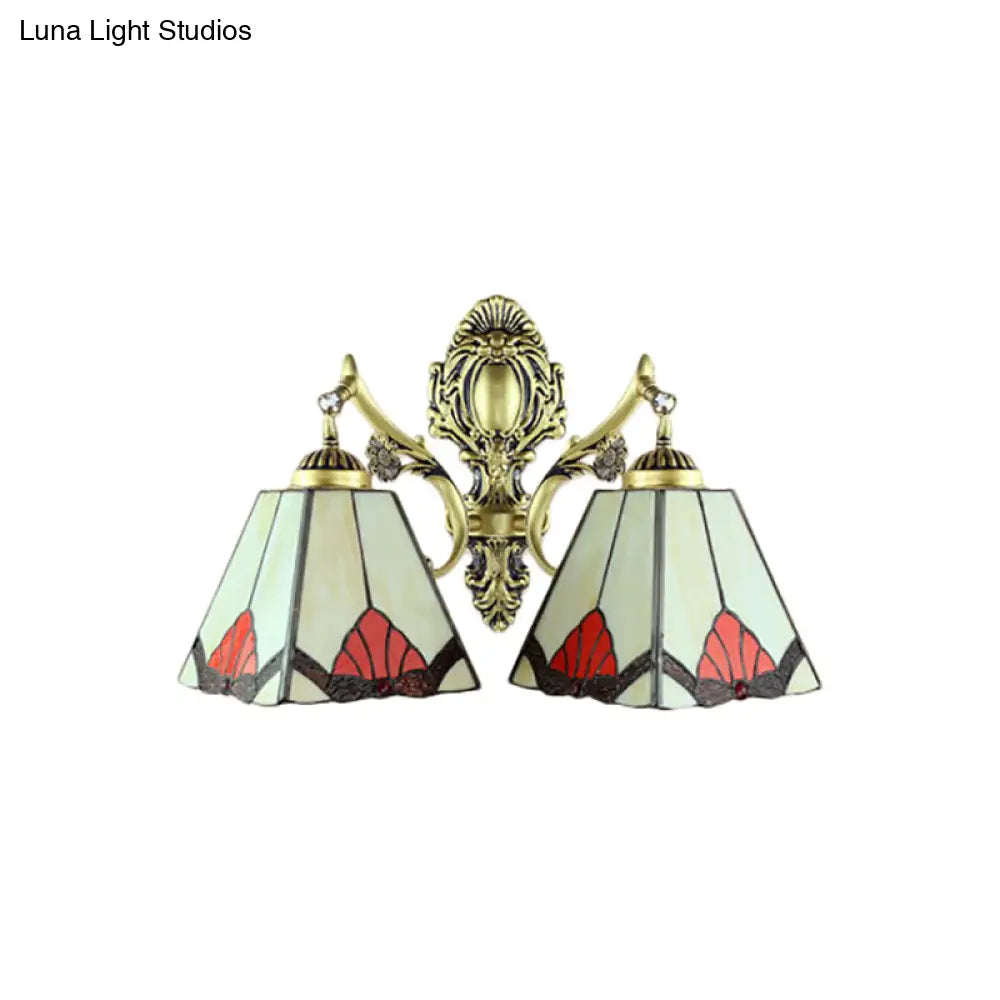 Retro Style Stained Glass Wall Lamp With 2 Heads - Beige Pyramid Fixture Light For Living Room