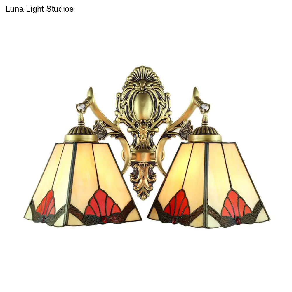 Retro Style Stained Glass Wall Lamp With 2 Heads - Beige Pyramid Fixture Light For Living Room