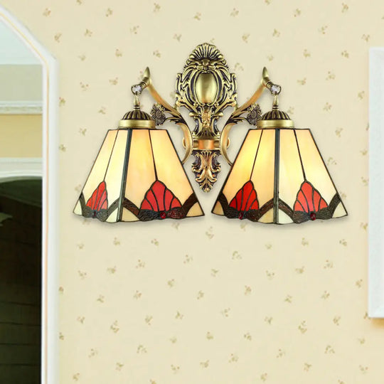 Retro Style Stained Glass Wall Lamp With 2 Heads - Beige Pyramid Fixture Light For Living Room