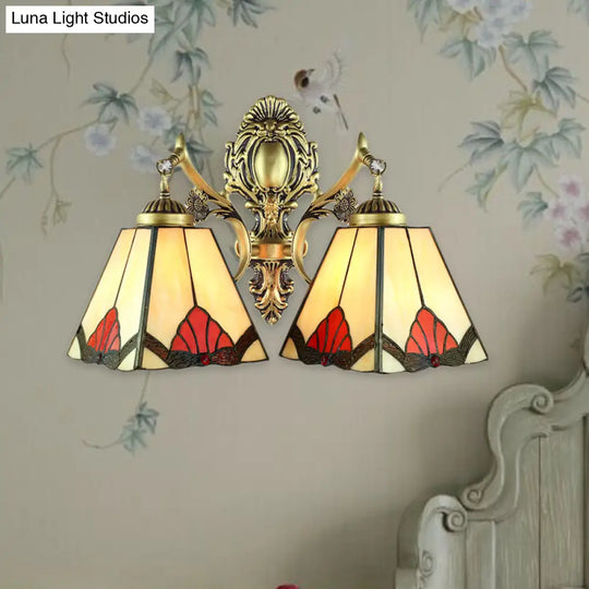 Retro Style Stained Glass Wall Lamp With 2 Heads - Beige Pyramid Fixture Light For Living Room