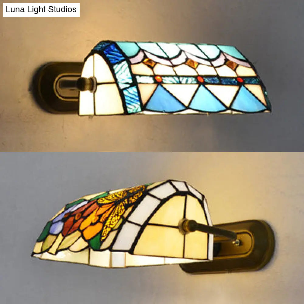 Retro Style Stained Glass Wall Light - Beige/Blue Ideal For Bedside