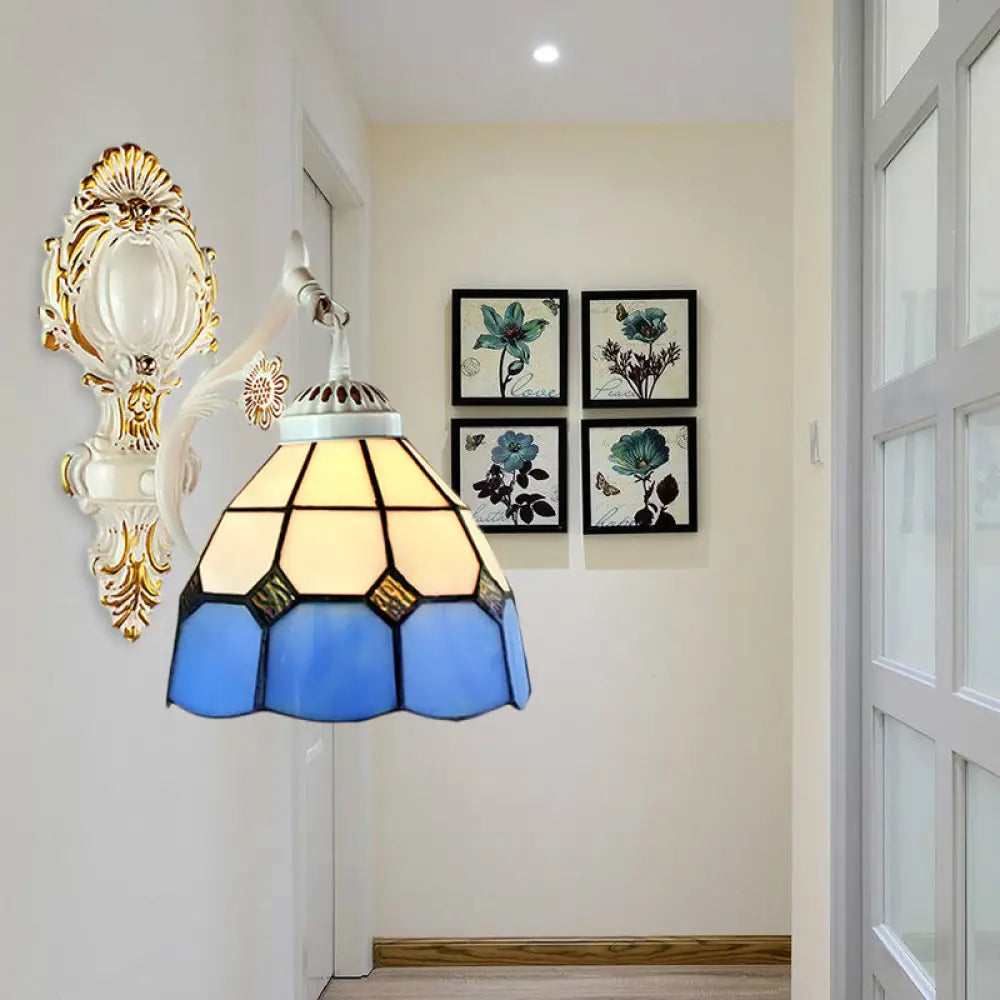 Retro Style Stained Glass Wall Sconce - 1 Light Dome-Shaped In White Finish Perfect For Foyer