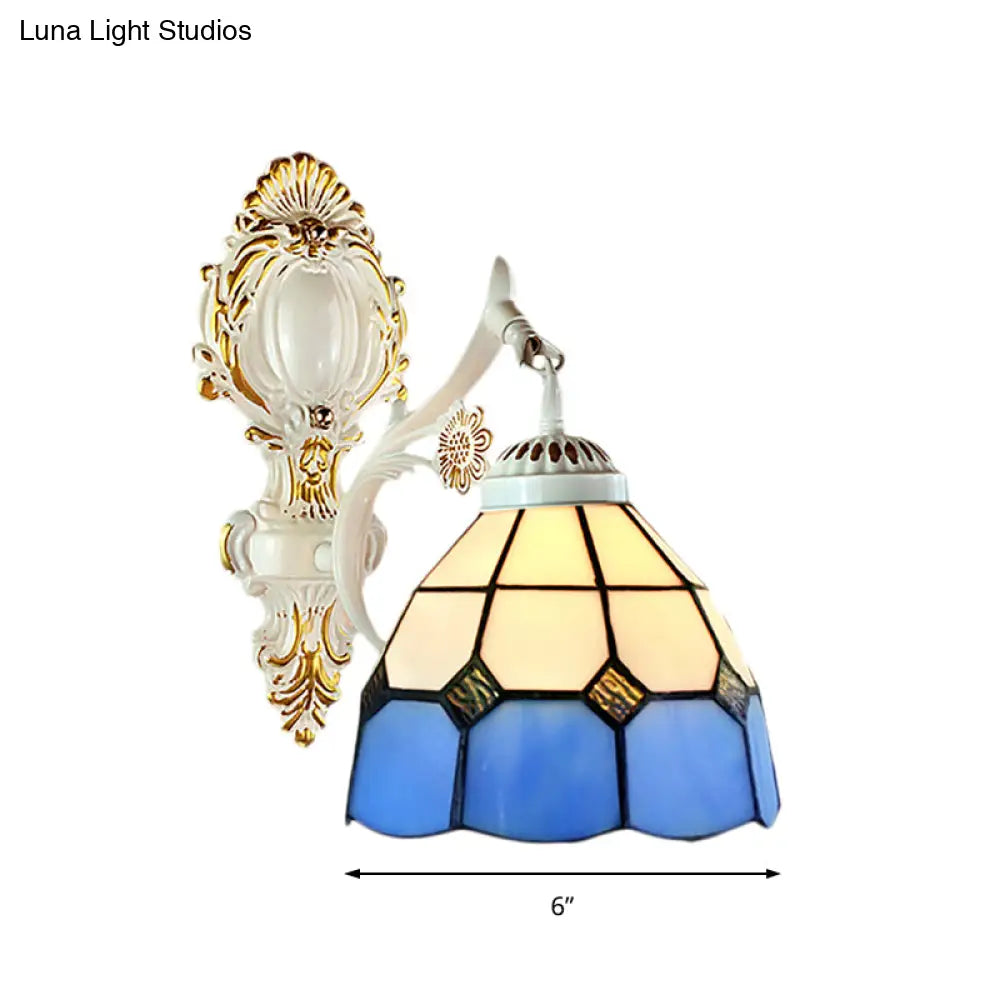 Retro Style Stained Glass Wall Sconce - 1 Light Dome-Shaped In White Finish Perfect For Foyer