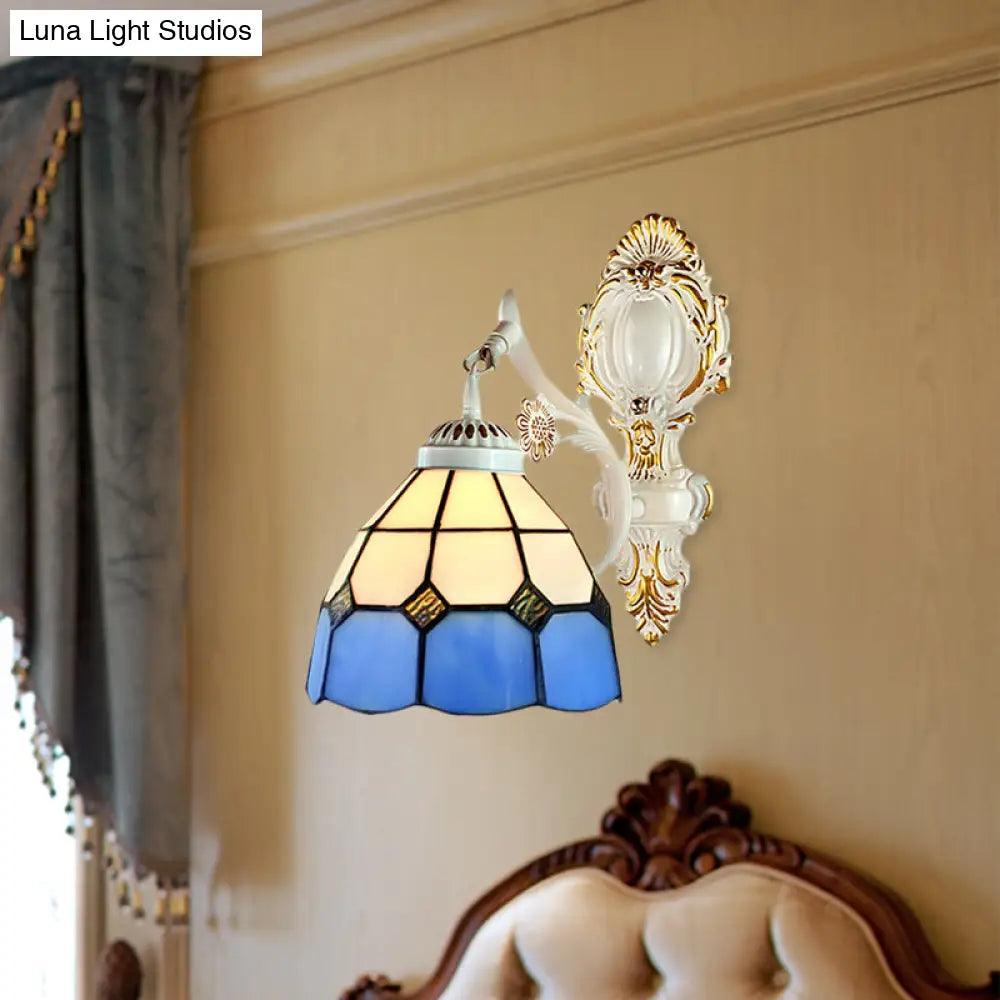 Retro Style Stained Glass Wall Sconce - 1 Light Dome-Shaped In White Finish Perfect For Foyer