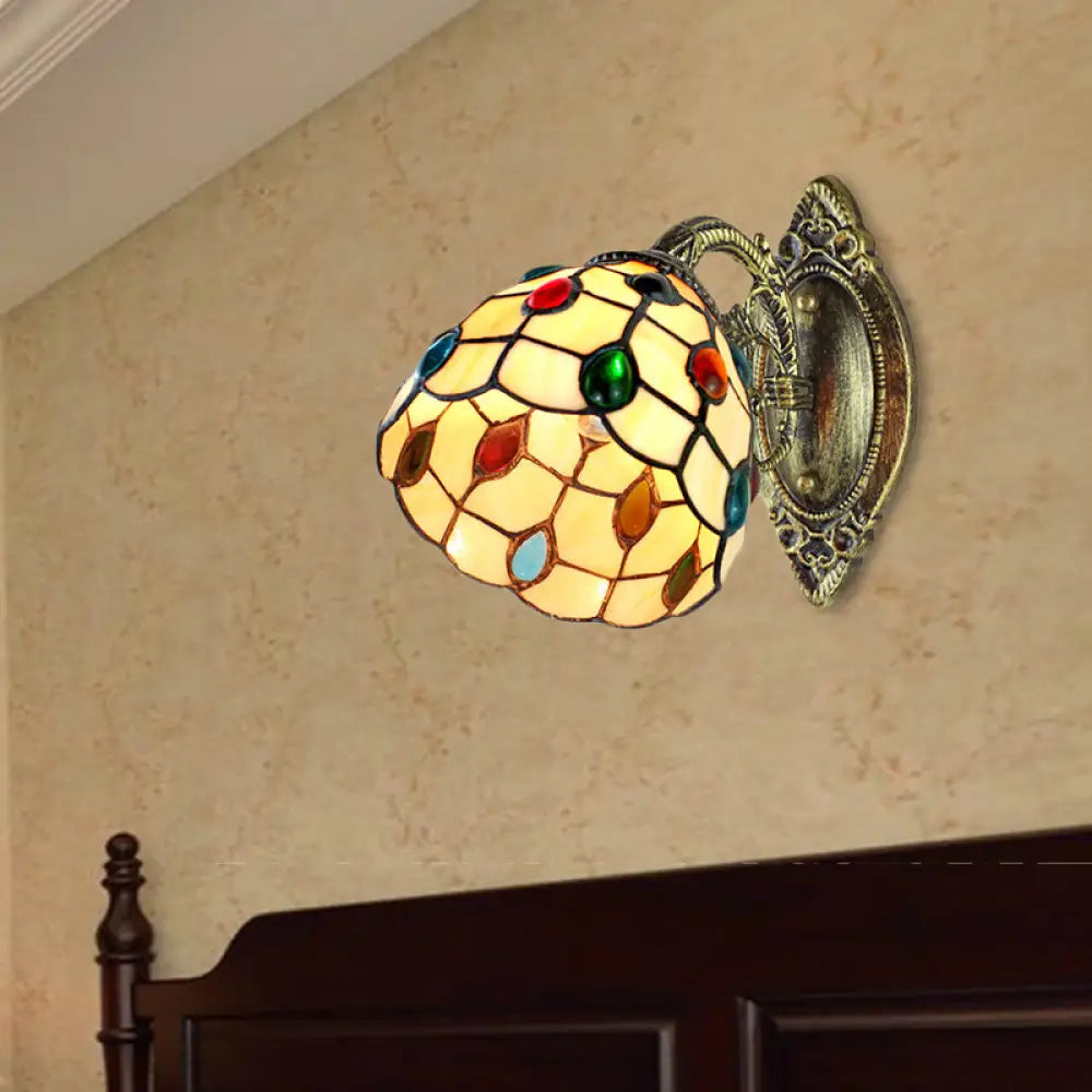 Retro Style Stained Glass Wall Sconce With Jewel Pattern In Yellow - 1 Light Dome Shade